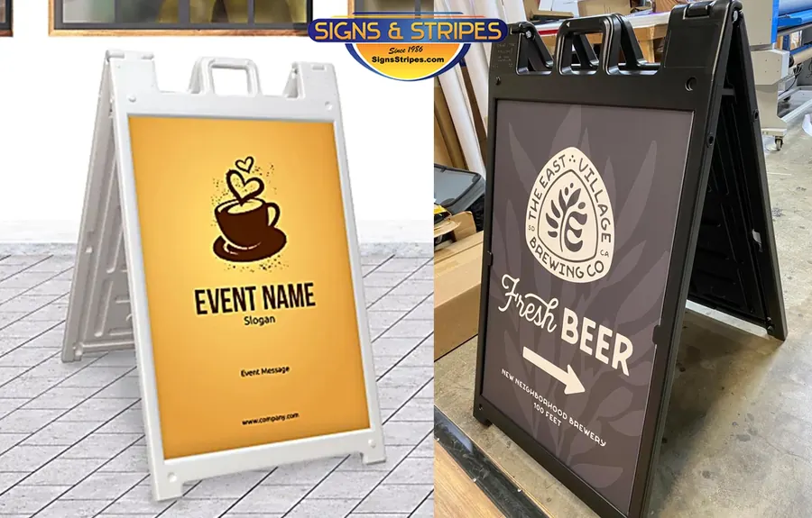 A frame sidewalk signs for a coffee shop event and a brewery