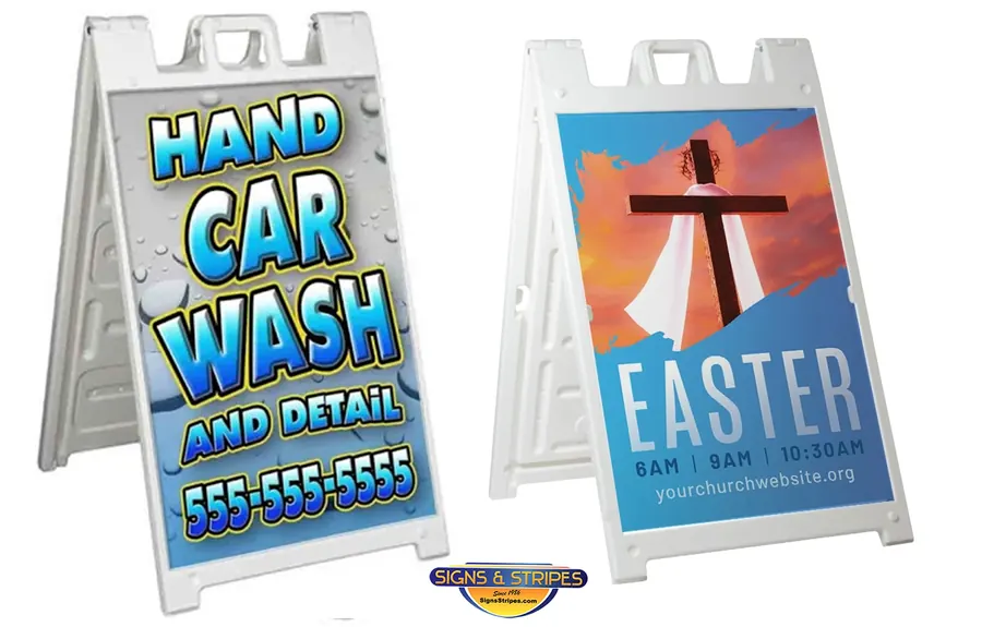 Hand car wash A frame sign and a church Easter service A-frame sign