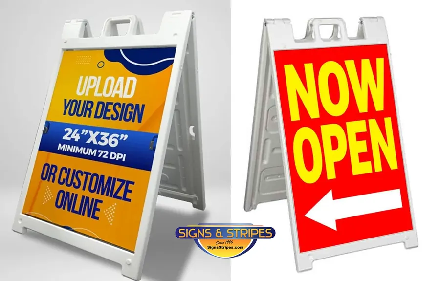 Upload your design A frame sign and a red now open A-frame sign with arrow
