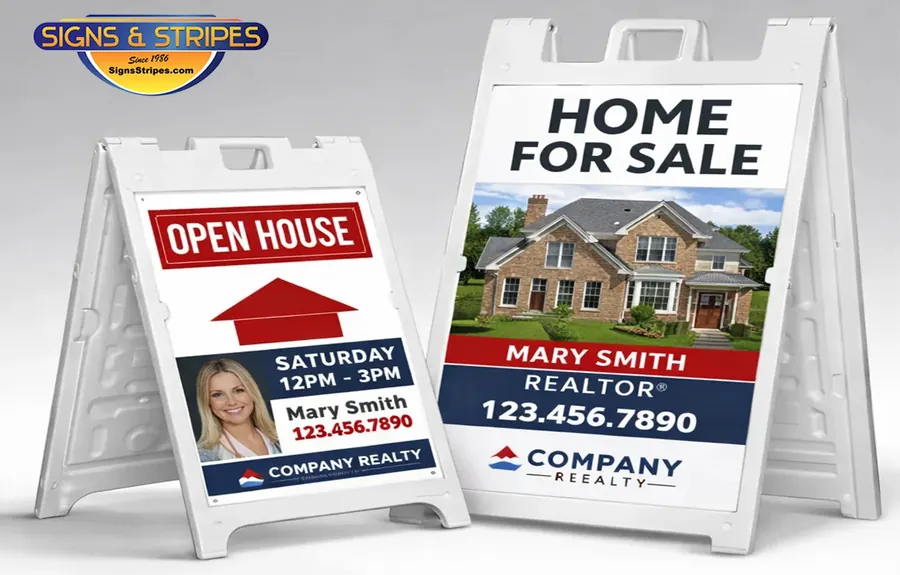 Real estate A-frame signs for an open house and a home for sale