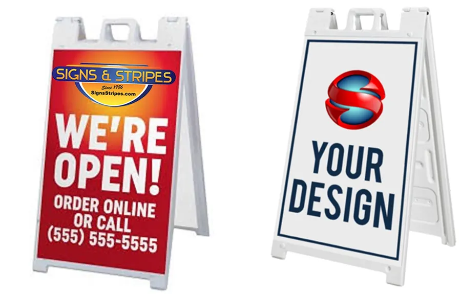 We're open A-frame sidewalk sign and a custom logo A frame sign