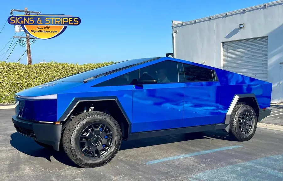 Cybertruck vinyl wrap in gloss chrome blue