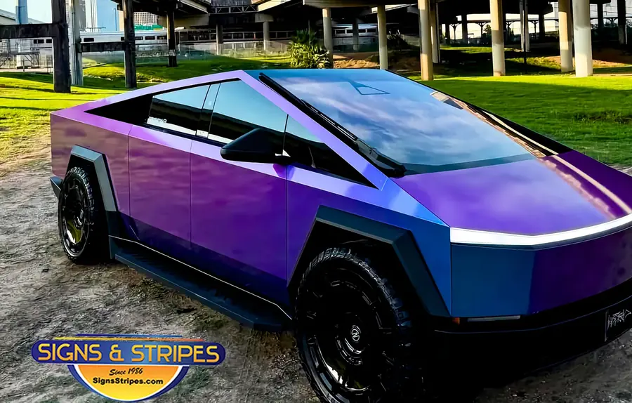 Cybertruck vinyl wrap in purple to blue color shift
