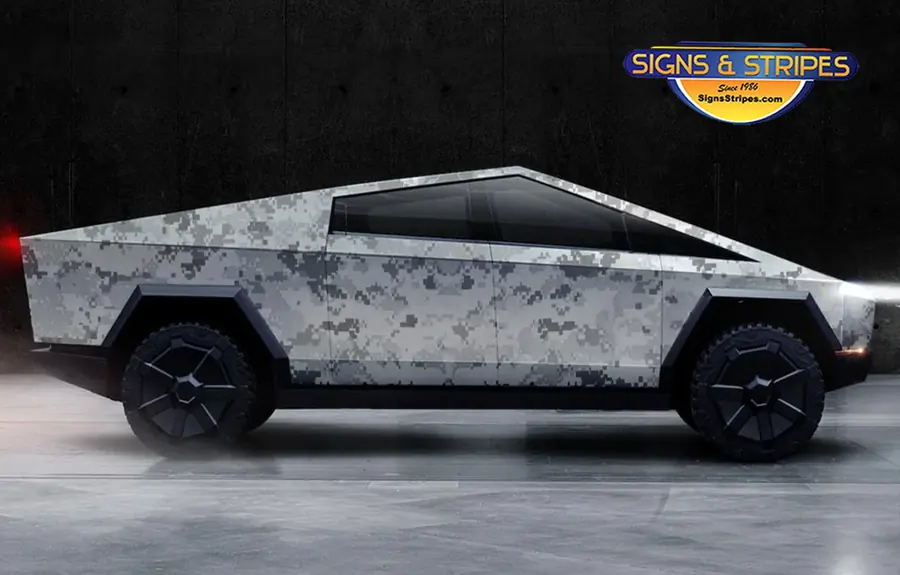 Cybertruck vinyl wrap with gray digital camo pattern
