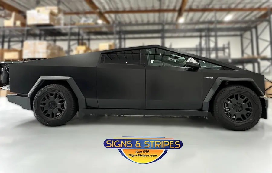 Tesla Cybertruck black wrap in matte black vinyl, side view