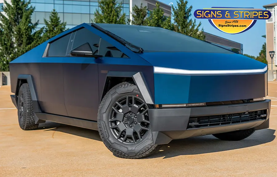 Tesla Cybertruck wrap in satin metallic blue