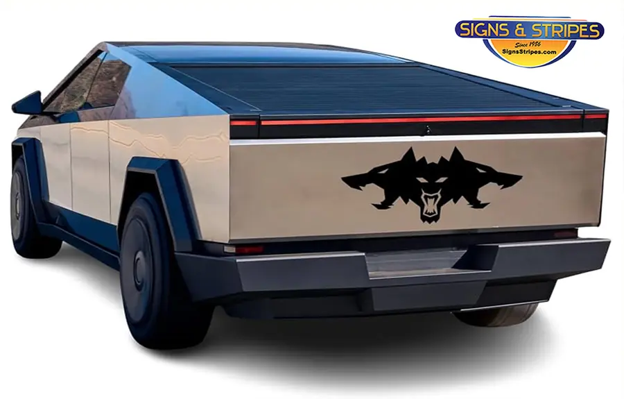 Cybertruck decal: black wolf graphic on the stainless tailgate